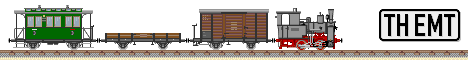 Zeichnung: Lokomotive mit drei Wagen auf Gleis und Logo "Thomas Hey'l Eisenbahnmodelltechnik".